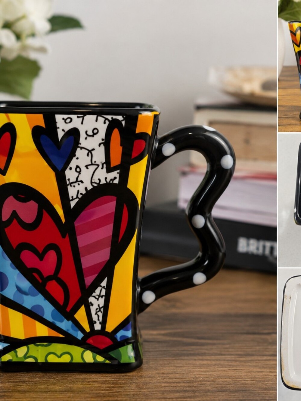 Colorful Heart Ceramic Mug - Romero Britto Style Black Handle - Picture 2 of 11